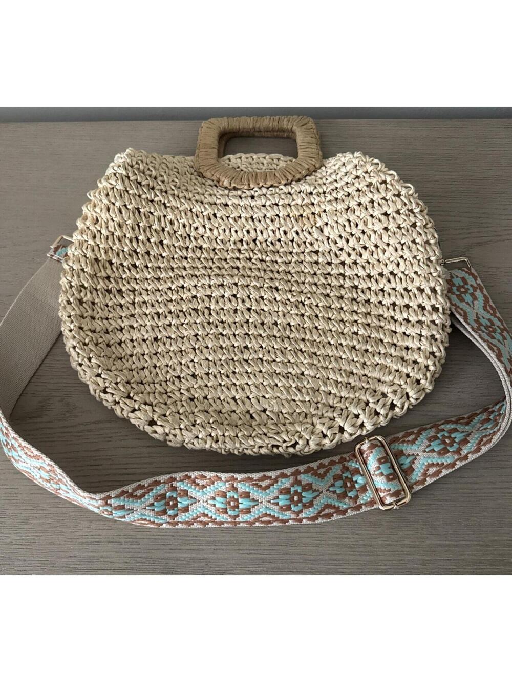 Boho Zara Raffia Round Tote With Handles And Turquoise Print Crossbody Strap